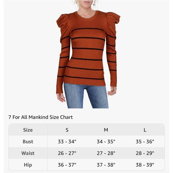 7 for All Mankind Brown Striped Cashmere Blend Puff Shoulder Crew Neck Sweater - Picture 4 of 9